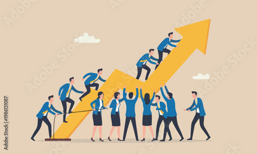 Teamwork and collaboration colleagues, togetherness and support each other to achieve business goal concept, group of businessmen and women office workers help and support to pull arrow rising up