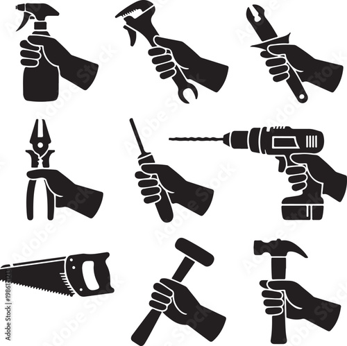 Assorted hand tools and equipment icons in black and white silhouette style