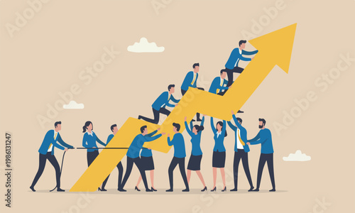 Teamwork colleagues, togetherness and support each other to achieve business goal concept, group of businessmen and women office workers help and support to pull rising up