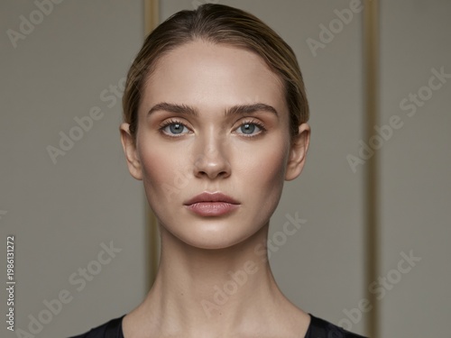 Frontal portrait of a young woman with blue eyes and blonde hair, neutral expression