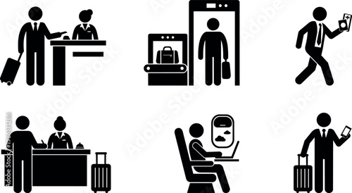 Black and white airport travel icons with passengers luggage and security check