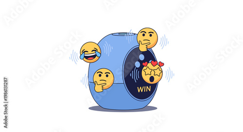 Emojis on a blue lottery ticket drum with win concept