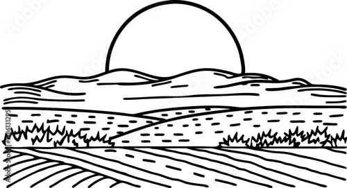 Sunset over rolling hills landscape with path and fields line art illustration
