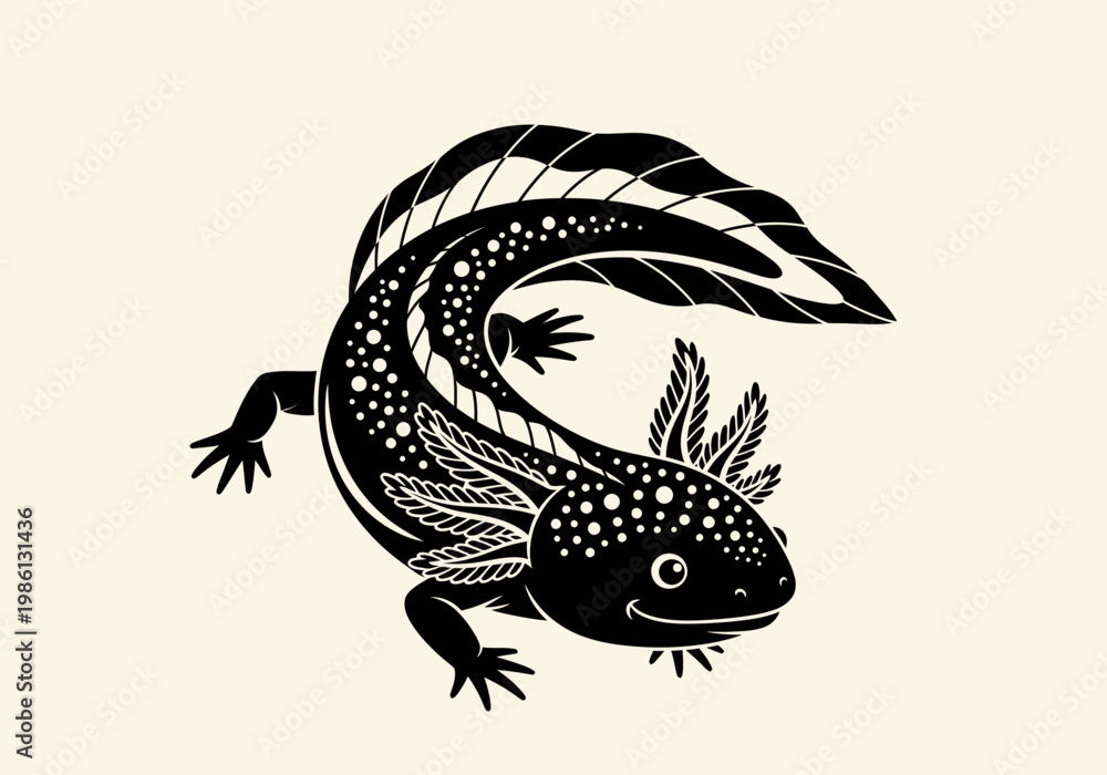 Obraz premium Axolotl Stylized Black and White Illustration, Cute Mexican Salamander Vector Art with Folk Decorative Patterns, Tribal Amphibian Mascot Design