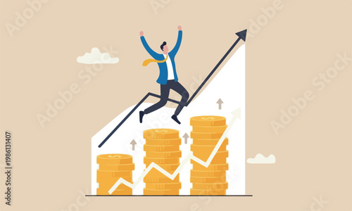 Pay raise salary,wages, investment profit and earning rising up, career development or wealth management concept, happy businessman jumping on rising money coin stack