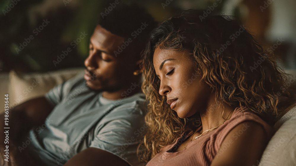 Fototapeta premium A couple sits quietly together on a couch, both appearing thoughtful and introspective in a cozy, softly lit setting.