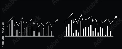 Business Growth Analytics with Bar Charts and Rising Line Graph on Dark Background, Financial Market Statistics and Data Visualization Illustration