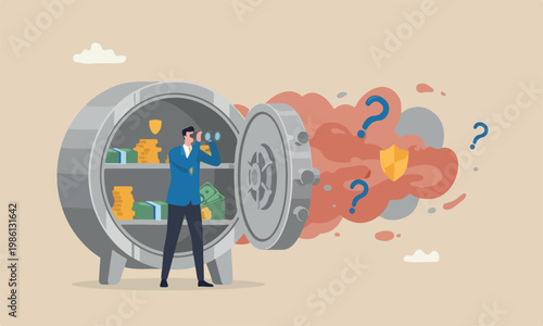 Safe haven protection investment, wait and see economics situation, protect wealth from inflation, financial security concept, businessman look through binocular from secured open safe