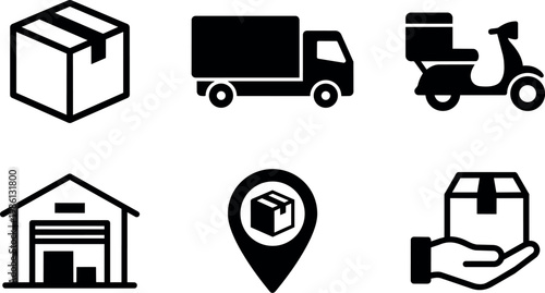 Black and white package delivery icons with truck scooter warehouse and hand