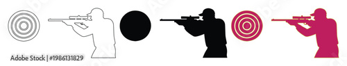 Shooting sports icons set, sniper silhouettes with rifle and target, marksman vector graphics