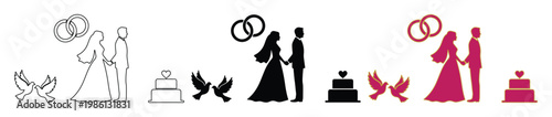 Wedding icon set with bride and groom, romantic marriage symbols, elegant EPS vector collection