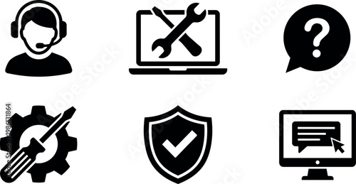 Black and white technical support icons with headset laptop tools and security shield