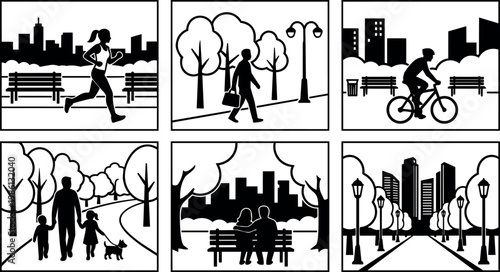 People jogging walking cycling and sitting in city park scenes