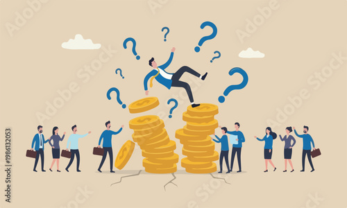 Financial bankruptc, businessman investor falling from stack of unstable money coins