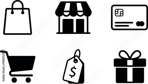 Black and white shopping icons set with bag cart credit card and gift box