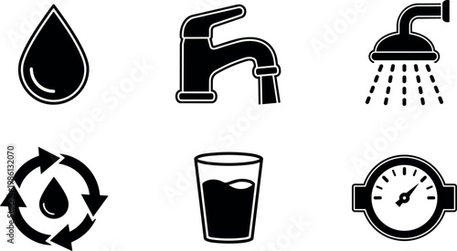 Black and white water drop faucet showerglass and pressure meter icons set