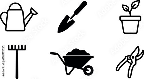 Black and white garden tools watering can shovel plant rake wheelbarrow and pruning shears icons