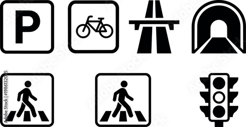 Black and white traffic signs parking bicycle highway tunnel pedestrian crossing and traffic light vector art