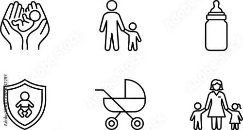 Line art icons of baby care and parent with children holding hands