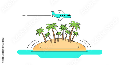 Turquoise airplane flies over a sandy island with palm trees surrounded by wavy ocean water representing travel and vacation getaways to exotic destinations worldwide