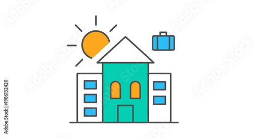Building with a sun and suitcase symbol representing travel destination or accommodation services for vacationers looking for a place to stay during their holiday adventures and business trips