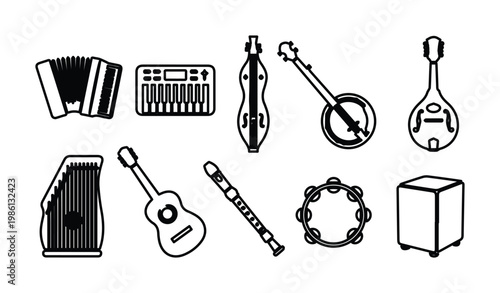 Folk musical instruments icon set, acoustic world music elements, 10 black line art vector EPS