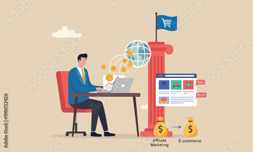 commerce concept illustration is modern, flat design with clean lines and minimal shading on red pillars businessman making money coins online website from computer laptop