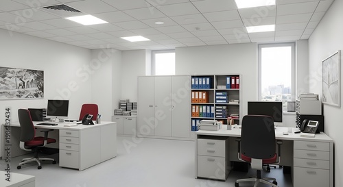 Modern minimalist white office with multiple desks, computers, and storage solutions