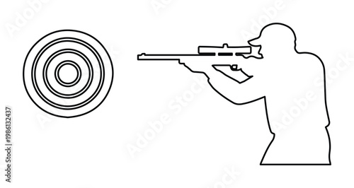 Sniper silhouette aiming at target, rifle shooter line art, marksman shooting sports vector