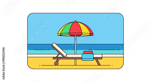 Relaxing vacation scene on a sandy shore with a colorful umbrella providing shade for a comfortable lounge chair and towels overlooking the gentle ocean waves under a clear sky perfect for