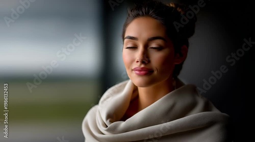 Close up portrait of european woman looking away with natural beauty calm expression and soft light in elegant minimal style