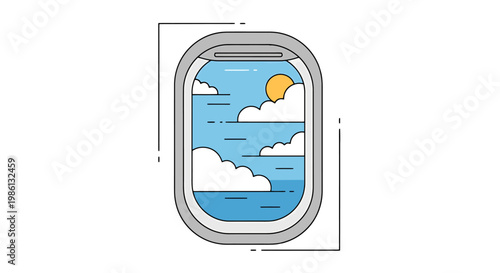 View through an airplane porthole revealing a sunny day with fluffy clouds drifting across the vast expanse of the ocean conveying a sense of journey and exploration during travel