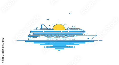 A Large Passenger Liner Embarks on a Serene Voyage Across Calm Waters with the Golden Sun Ascending on the Horizon Depicting a Peaceful Start to a Maritime Adventure