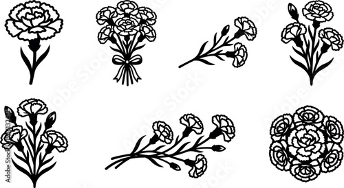 Black and white carnation flower silhouette bouquet and single bloom vector art