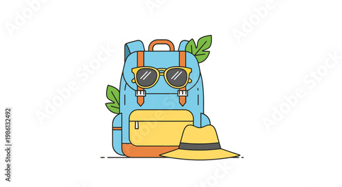 Bright blue backpack adorn with stylish sunglasses and a sun hat rests beside lush green leaves perfect for conveying summer vacation and outdoor adventure themes with a playful flat design