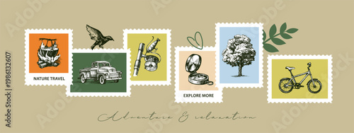 Hand drawn adventure and hiking collage background. Outdoor, camping club and tourism design. Vintage sketch vector illustration