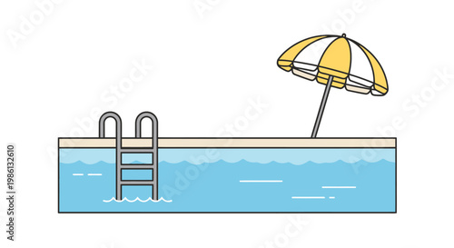 Outdoor relaxation scene featuring a sparkling blue swimming pool with a metal ladder partially submerged in clear water beside a bright yellow and white striped beach umbrella providing shade