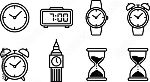 Black and white line art clocks wristwatch alarm hourglass and big ben landmarks