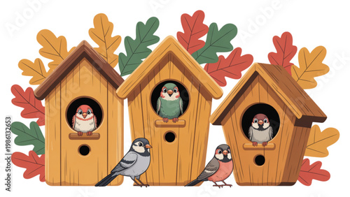 Colorful birdhouses with autumn foliage decorations on the roofs Vector