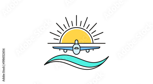 Illustration depicting a passenger jet airplane flying over turquoise waves beneath a bright yellow sun with radiating lines suggesting travel and vacation themes for global transportation and