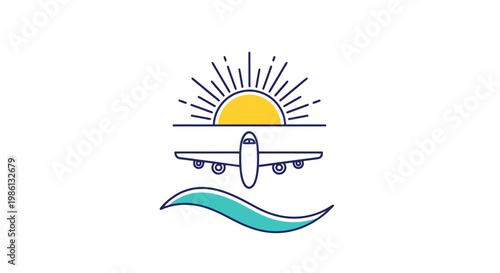 Airliner soaring through sky with bright sun above wavy water offering a visual representation of travel and vacation journeys with a sense of adventure and exploration