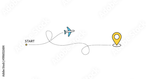 Airplane follows dotted line path from circular start point to destination marker symbolizing travel movement and journey planning across continents for vacation or business purposes