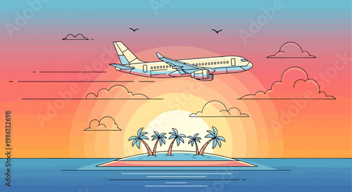 A jumbo jet airplane soars majestically through a vibrant sunset sky above a serene tropical island paradise with lush palm trees and calm ocean waters creating a picturesque scene of travel and