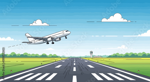 Commercial airliner ascends into the bright blue sky over a scenic airport runway with lush green fields and distant trees under fluffy clouds signifying travel and departure