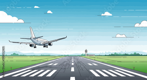 Airplane approaching a vast airfield with runway lights stretching towards distant horizon under a clear blue sky conveying a sense of travel and transportation for global journeys and airborne