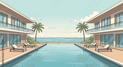 Serene vacation resort featuring a long swimming pool reflecting the tranquil ocean and clear sky flanked by two symmetrical resort buildings with loungers and palm trees creating a picturesque