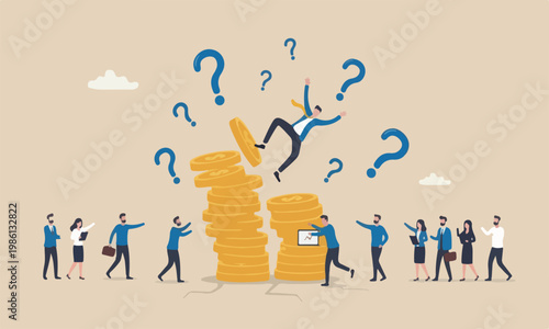 Financial bankruptcy illustration is modern, flat design with clean lines and minimal shading teams together concept, businessman investor falling from stack of unstable money coins