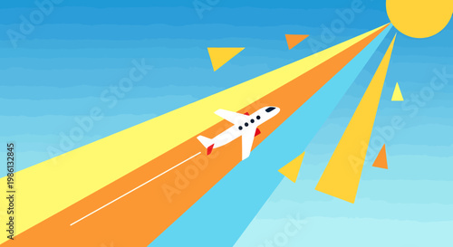 A Passenger Aircraft Soars Through A Bright Blue Sky Under A Radiant Sun Its Wings Leaving Colorful Streaks As It Travels On An Exciting Journey Amidst Abstract Geometric Shapes