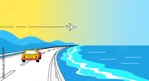 Transportation adventures await as a solitary touring vehicle traverses a scenic coastal highway adjacent to the expansive ocean under a vibrant gradient sky with an airplane soaring above on a