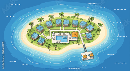 Aerial view of a tropical island resort with secluded bungalows arranged around a central swimming pool and reception area surrounded by lush greenery and crystal clear turquoise ocean waters